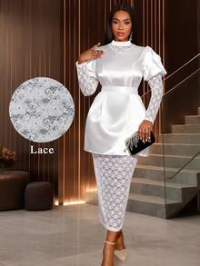 Elegant Women's Long Sleeve Bodycon White Dress With Stand Collar Belted Woven Fabric And Contrast Lace Sheer Details Perfect For Party Wear Chic Evening Wedding Dress Stylish Clothing Collection Spring - White - View 1