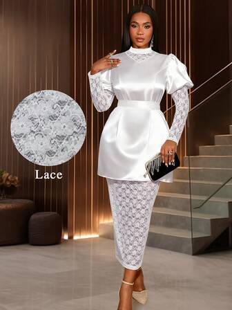 Elegante vestido blanco de manga larga y ajustado para mujer con cuello alto, cinturón, tela tejida y detalles de encaje transparente en contraste, perfecto para uso en fiestas, eventos elegantes y bodas, colección de ropa de estilo sofisticado