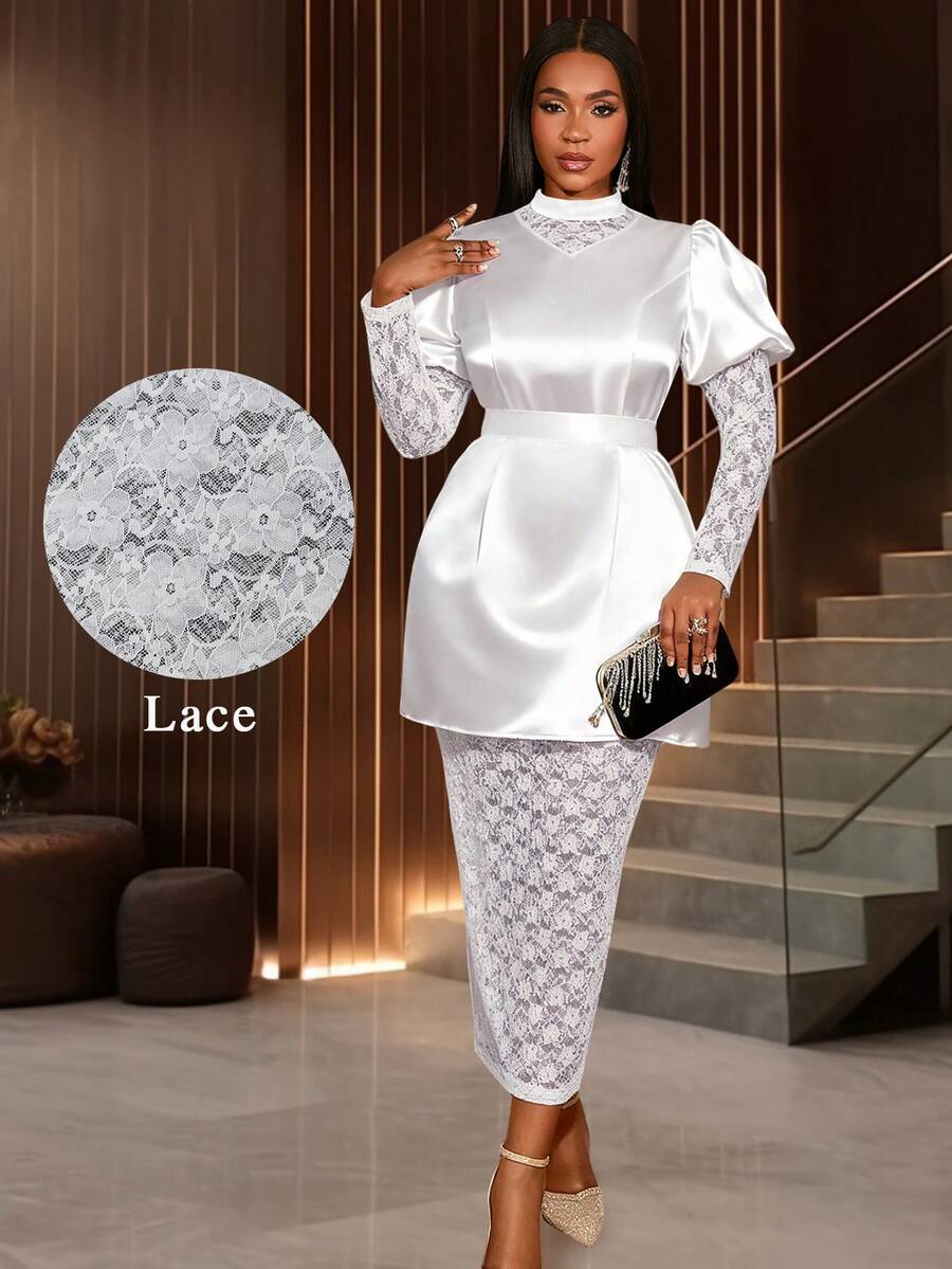 Elegant Women's Long Sleeve Bodycon White Dress With Stand Collar Belted Woven Fabric And Contrast Lace Sheer Details Perfect For Party Wear Chic Evening Wedding Dress Stylish Clothing Collection Spring - White - View 1