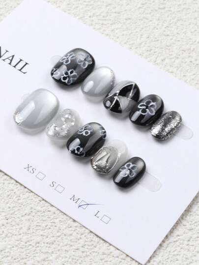 10片/套 优雅手工银灰色花朵美甲贴纸，闪亮配饰和珍珠点缀，更显成熟时尚，适合派对、约会和日常佩戴，百搭各种美甲风格。