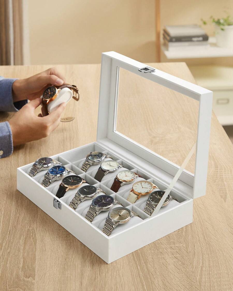 Caja de Relojes con 12 Compartimentos, Estuche de Relojes con Tapa de Cristal, Cojín Extraíble, Cierre Metálico, Regalo, Cuero Sintético Blanco y Forro Blanco - Blanco - Ver 1