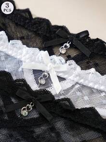 3件套性感蕾丝女士丁字裤，浪漫蕾丝波点内裤，性感交叉绑带舒适内衣 - 彩色 - 查看 3