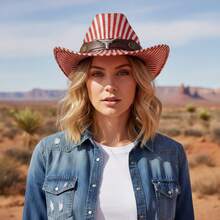 Rainbow Pattern Cowgirl Hat With Bull Head Decorative Leather Band Western Style Wide Brimmed Cap For Men Women - Pink - View 3