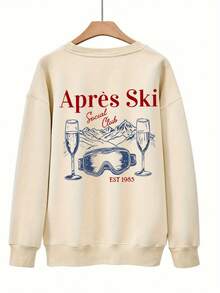 Autumn Winter Season Sweatshirt With Letter Code Fashion Front And Back Print Sports Shirt, Spring Autumn Round Neck Casual Sports Shirt, Women's Clothing, Women's Clothing With Code Winter Clothes For Women, Christmas Gifts - 杏色 - 查看 2