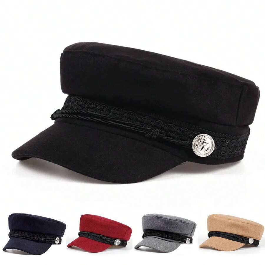 1顶女士白色蕾丝边水手帽，街头时尚贝雷帽，休闲平顶帽，适合秋冬季户外活动、旅行、海滩派对等场合。 - 彩色 - 查看 1