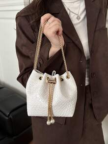 Mini New Fashion Straw Woven Gold Chain Drawstring Bucket Bag Beach Bag - White - View 3