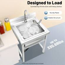 Freestanding Stainless Steel Sink With Adjustable Height, Large Capacity, 4.33" Drain, 360° Rotatable Faucet, Ideal For Kitchen, Laundry, And Commercial Use - Silver - View 6