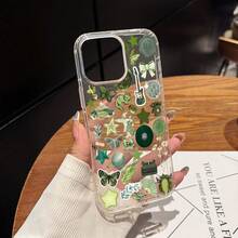 Funda de Teléfono Moderna y Elegante, Funda Transparente con Collage de Pegatinas Estéticas Verdes, Compatible con los Modelos de  17, 16, 11, 15, 14, 13 y 12 Pro Max Air Plus. Una opción de regalo encantadora para mujeres y niñas, funda para teléfono, cubierta para teléfono, fundas de teléfono lindas y protectoras de diseñador para mujeres - 1 pieza - Ver 5
