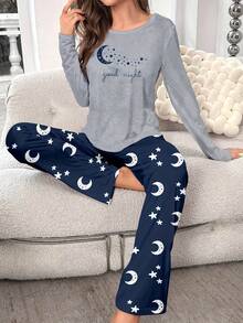 Gray Long Sleeve & Pants Printed Pajama Set For Women - Grey - View 5