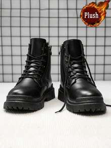 Men's High Top Boots, Autumn/Winter, All-Match Black Leather Casual Shoes, Wear-Resistant Low-Cut Cargo Shoes, New Fashionable Casual Shoes Go With Dress, Lace-Up Metal Eyelets - Black - View 4