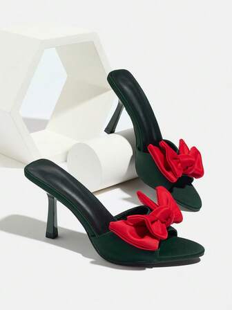 Women's Pointed Toe Satin Bow Decor Slip-On High Heel Sandals, Elegant For Party, Daily Wear, Wedding, Gathering, Casual Holiday, Commute, Summer Fashion, Green & Red Colors