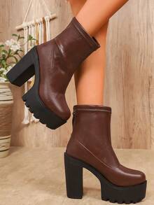 Giày bốt cổ cao đế dày màu trơn thời trang cỡ lớn dành cho nữ - màu nâu - Xem 3