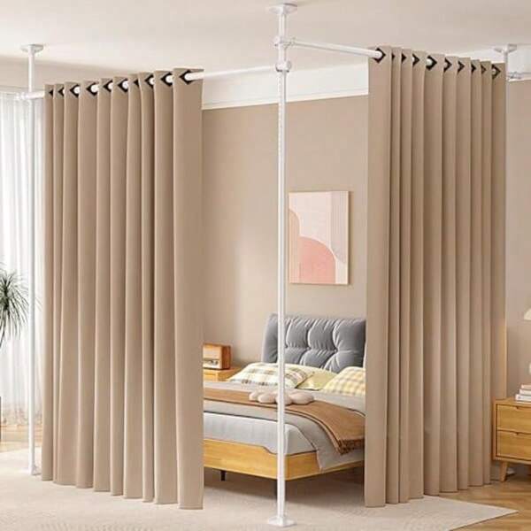 Room Divider No Drilling Curtain Rod Wall Divider For Room Separation 227-312 Cm. H 71-290 Cm.(W) Adjustable Heavy Duty Partition Space Separator Freestanding Tension Curtain Stand White