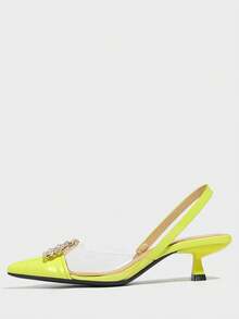 女士水钻装饰尖头露跟猫跟凉鞋，优雅舒适，适合秋冬季正式派对、婚礼、晚宴等场合，黄色高跟鞋，派对装扮，时尚鞋履 - 黃色 - 查看 7