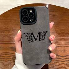 Funda de Teléfono con Patrón de Letra M de Mariposa Simple para iPhone 16 Pro Max/15 Pro/14 Plus/13/12/11 Pro, Resistente a Impactos, Diseño de Moda, Cubierta Protectora de TPU, Cuero Sintético - Colores mixtos - Ver 4