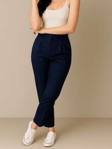 Women's Tailored Twill Pants With High Waist And Buttons - Modern Style - Màu xanh hải quân - Xem 1