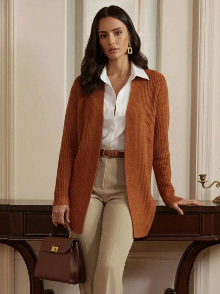 Women's Knitted Cardigan, Elegant Women's Winter Coat, Plain Cardigan - 紅陶 - 查看 1