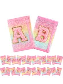 1个粉色字母刺绣钱包，时尚亮片钱包，帆布折叠零钱包，采用耐用涤纶面料，带拉链口袋和魔术贴封口，适合日常使用和节日送礼。 - 彩色 - 查看 3