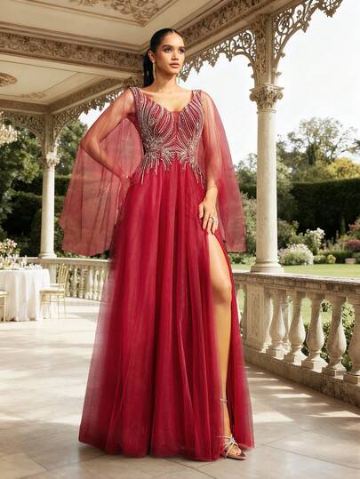 VIPGIRL Đầm dạ hội màu đỏ tía thanh lịch với chất liệu lưới, corset đính hạt, tay áo bồng bềnh và đường xẻ cao, đầm dạ hội dài chấm đất, đầm dự tiệc dành cho nữ, đầm dạ tiệc.