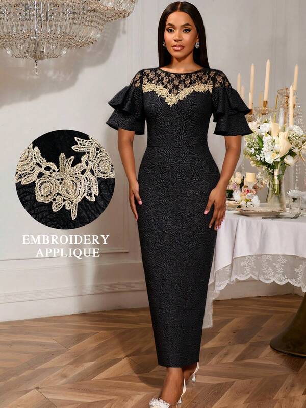 AOMEI Women's Black Crewneck Lace Patchwork Appliques Layered Ruffle Sleeve Bodycon Long Jacquard Dress Prom Evening Cocktail,Outfit For Date,Party,Wedding Dress,Bridesmaid Dress,Graduation Dress,Wedding Guest Fall Women Clothes,