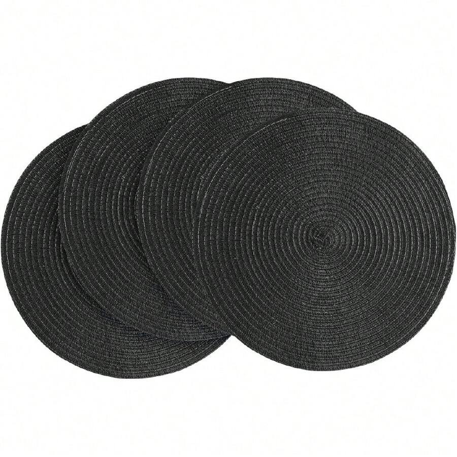 15 Inch Round Braided Placemats Set Of 4, Washable Heat Resistant Cotton Polyester Circle Place Mats For Kitchen Dining Table - Black,26584019 - 黑色 - 查看 1