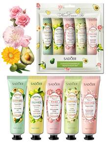 5支/盒 彩色花果护手霜套装，蕴含多种植物萃取精华，保湿、防干裂、淡化细纹、美白紧致、持久留香、舒缓修复干燥皲裂的双手，便携装，牛油果/橄榄/洋甘菊/玫瑰/樱花香型，圣诞节和情人节的绝佳礼物。