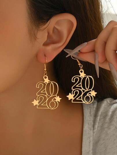 1 Pair Bohemian Style 2026 Golden-Tone Earrings With Star Accents - Elegant Drop Design For Parties & Gifts, Festive New Year Accessories, Party Earrings | Star Accent Earrings