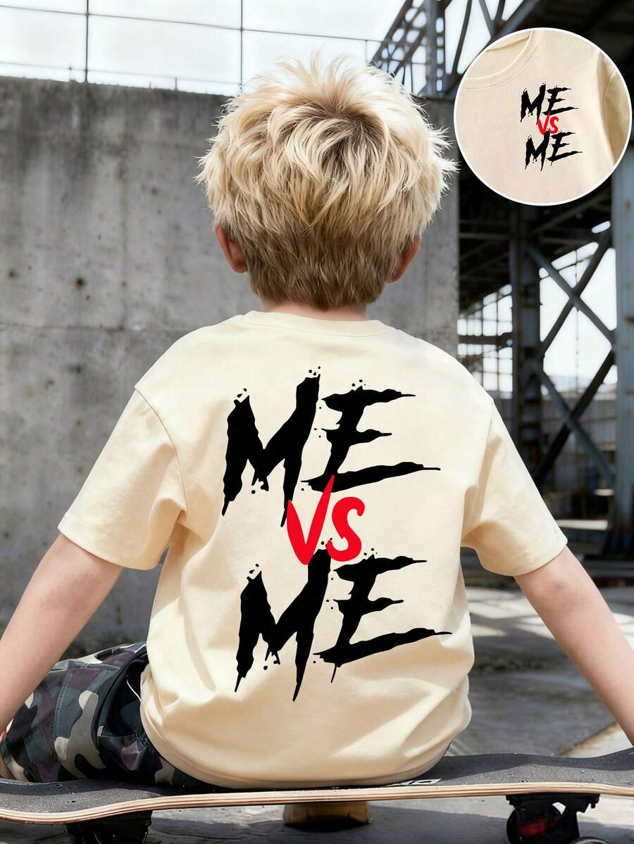 Young Boy Letter Print Round Neck Short Sleeve Casual Versatile T-Shirt - Apricot - View 1