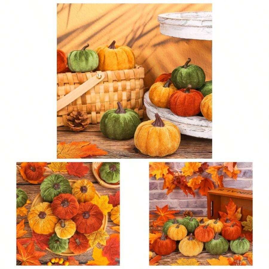 - 12 Calabazas Artificiales, 3 tamaos, Calabazas de Espuma con Terciopelo Falso en Color Naranja, caf y Caqui, pequea decoracin de Cosecha de otoo, Accin de Gracias y Halloween - Naranja, Amarillo, Verde - Ver 1