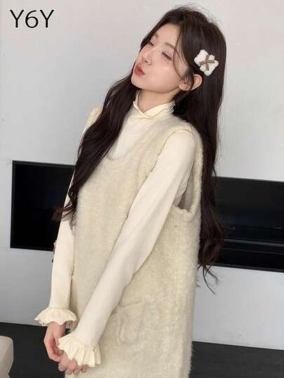  [Y6Y] 女士无袖针织A字中长连衣裙 | 可爱波西米亚风圆领迷你吊带背心连衣裙，带口袋，休闲装