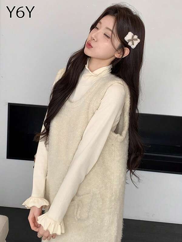  [Y6Y] 女士无袖针织A字中长连衣裙 | 可爱波西米亚风圆领迷你吊带背心连衣裙，带口袋，休闲装