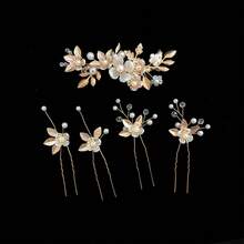 5 piezas Accesorios para el cabello de boda con flores, Set de pasadores de pelo de lujo minimalistas con perlas falsas, para verano, playa, festival, cumpleaños - Dorado - Ver 5