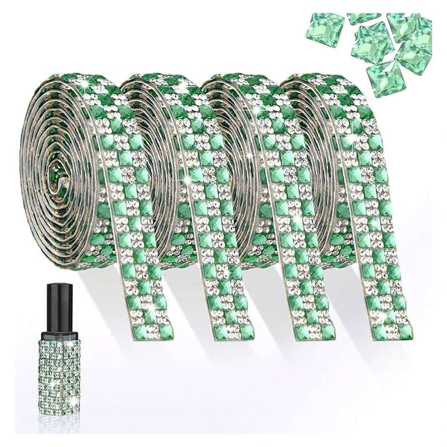 4 Yards Rhinestones Ribbon Self Adhesive Light Green Crystal Rhinestone Strip With 4MM Square Gems Bling Rhinestones Tape Roll For DIY Bedazzling Craft, Car, Wedding, Home Decoration - Multicolor 1025 - View 1