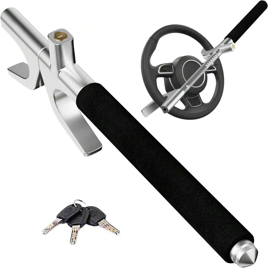 3件装可调节防盗汽车方向盘锁，带逃生锤和破窗器，通用型