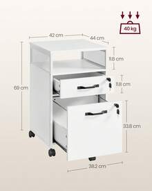 VASAGLE  Archivador móvil sobre Ruedas, para Oficina en casa, 2 cajones con Bloqueo, para tamaño A4, Carpetas Colgantes tamaño Carta, Estante Abierto, Marco de Acero, Blanco Nube - Blanco - Ver 2