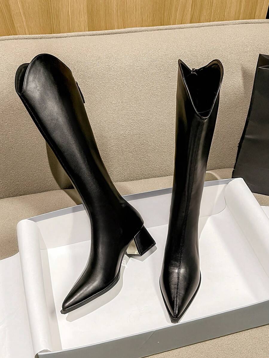 2025年高品质热销秋季新款粗跟V型高筒靴，百搭时尚及膝靴，低跟尖头欧式女鞋，优雅简约过膝靴 - 黑色 - 查看 1