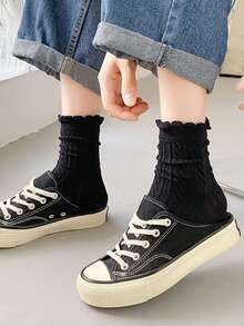 6 Pairs Women's Fashion Sweet Cable Knit Solid Color JK Style Breathable Mid-Calf Socks