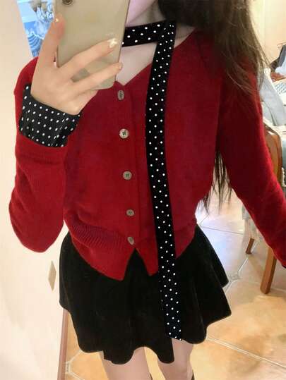 Women's French V-Neck Long Sleeve Knit Cardigan, Elegant Fitted Slimming Versatile Sweater Jacket, Suitable For Autumn/Winter, New Year, Christmas