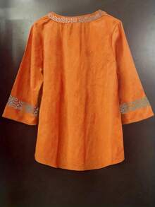 Áo thun nữ cổ tròn phối màu, chất liệu dệt kim, kiểu dáng thường ngày, thích hợp cho kỳ nghỉ xuân. - trái cam - Xem 4