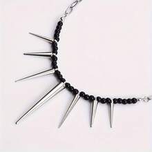 Vintage Hip Hop Spike Pendant Necklace - Fashion Alloy Gothic Rivet Beaded Chain, Bohemian Style Clavicle Choker For Party - 黑色 - 查看 9