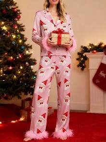 Women Y2k Silk Satin Christmas Pajamas Sets Xmas Tree/Santa Claus Print Plush Trim Long Sleeve Sleepwear Holiday Print Two Piece Pjs Pants PJs Set Loungewear - Đỏ và trắng - Xem 2