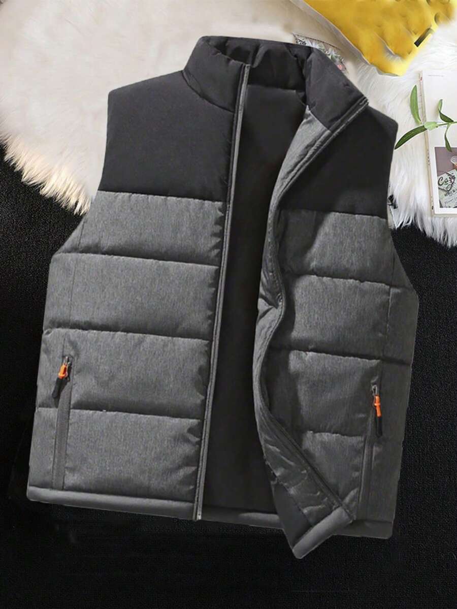 男士保暖背心，立领加厚背心，适合休闲和运动，秋冬季 - 灰色 - 查看 1