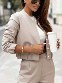 Conjunto de 2 piezas de chaqueta con botones y cuello y pantalones largos de unicolor elegante y casual para mujer, adecuado para la oficina, el transporte y el uso diario, conjunto de manga larga para primavera - Albaricoque - Ver 8