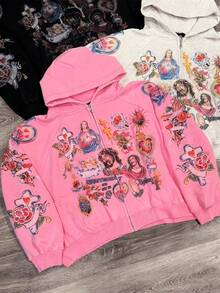 Jesus Printed Hoodie For Men Y2k Zipper Hoodie Harajuku Thin Kawaii Retro Streetwear - 粉色 - 查看 2