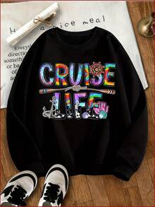 Cruise Life Tie Dye Print Crewneck Sweatshirt Set Women Nautical Theme Anchor Shell Oar Design Long Sve Casual Outfit For Vacation Beach Travel Summer Wear - 黑色 - 查看 2