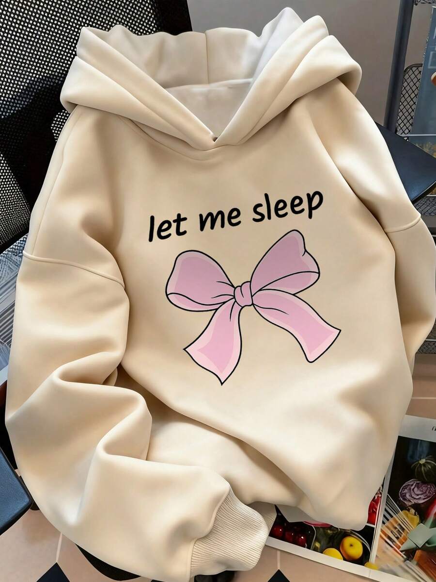 青少年女孩長袖連帽衛衣,趣味「Let Me Sleep」標語配粉色蝴蝶結圖案套頭運動衫,適合秋季日常穿著 - 杏色 - 查看 1