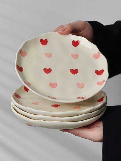 Cabin Kangaroo 1 pieza/2 piezas/4 piezas Juego de platos cerámicos con patrón de corazón lindo - Platos de cena con borde irregular adorable para el hogar y la cocina, perfectos para el Día de San Valentín y uso diario