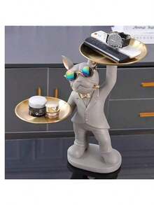 33.5CM Butler French Bulldog Statue - Resin Decor With 2 Serving Trays, Vintage Home Accent For Living Room/Bar