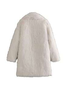 女士时尚仿皮草长款外套，纯色长袖女式大衣，复古时尚街头风冬季外套 白色 - 白色 - 查看 7