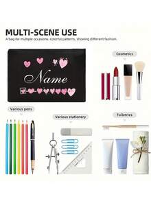Bolsa de maquillaje lavable con patrón de corazón e impresión de nombre personalizada, bolsa de aseo portátil con diseño de corazón lindo, bolsa de maquillaje conveniente para mujeres, organizador de viaje con cremallera para cosméticos - Multicolor - Ver 9
